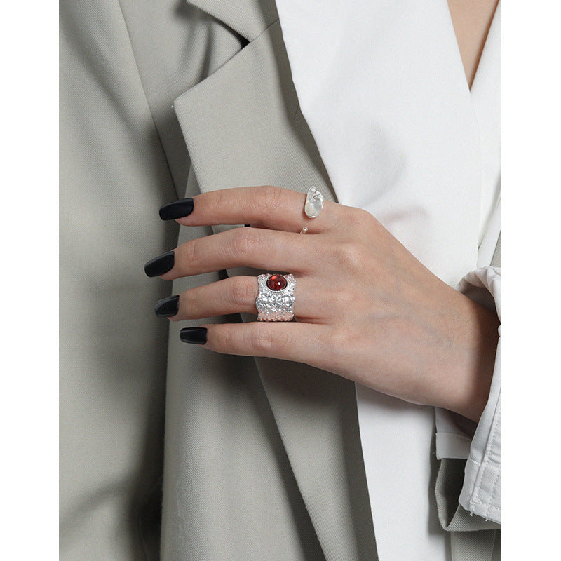 Fashion Irregular Round Created Ruby 925 Sterling Silver Adjustable Ring