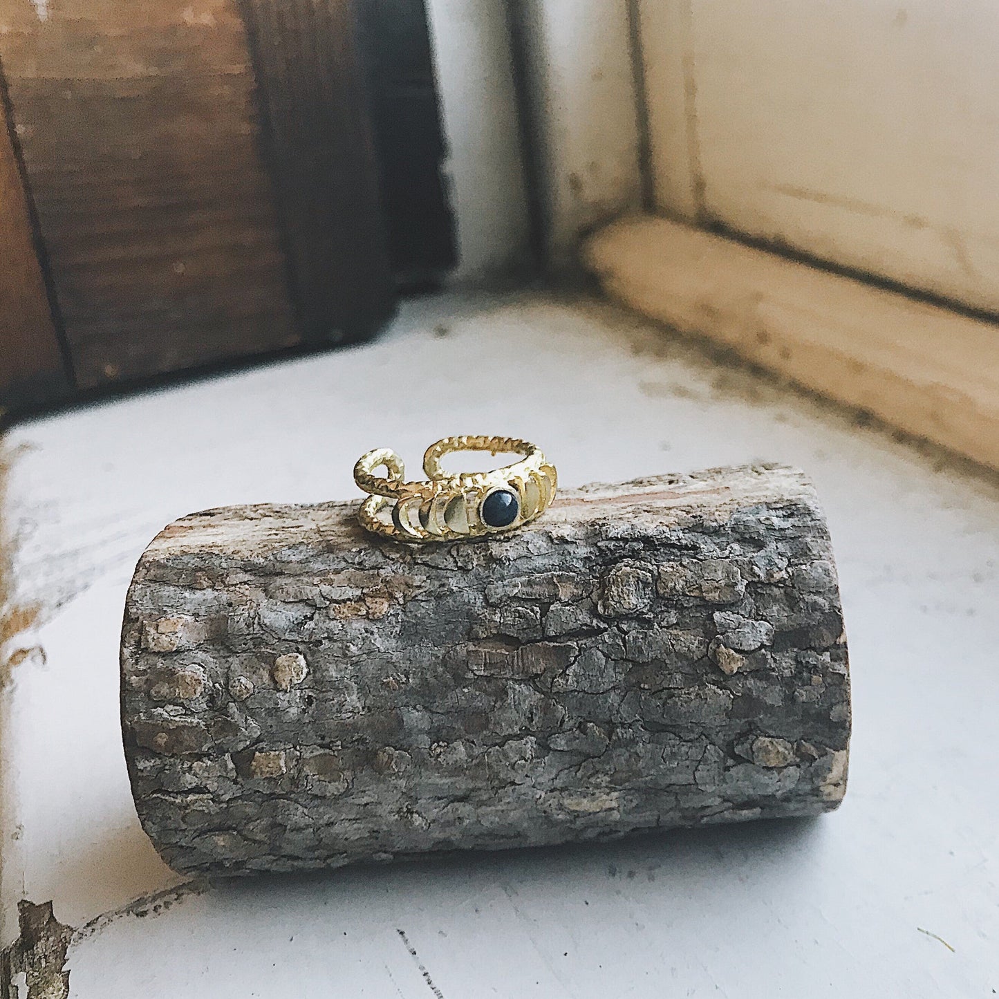 Moon Phase Ring with Black Opal